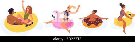 Junge Männer und Frauen schweben auf aufblasbaren Ringen im Meer oder Fluss. Spaß am Swimmingpool. Strandparty. Die Leute schwimmen mit Rettungsschwimmer. Aufgepumpte Ente und Flamingo Stock Vektor