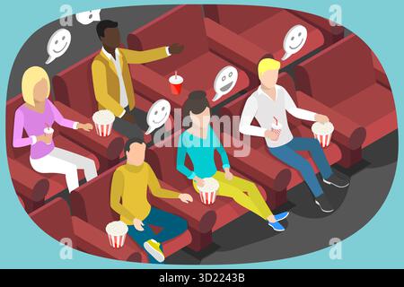 Isometrische flache 3D-Illustration des Anschauens von Filmen, glückliche Menschen, die Filme im Kino mit Popcorn genießen Stockfoto