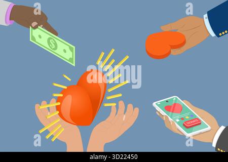 3D-Isometrische flache Illustration von Wohltätigkeitsorganisationen, Kampagne zur Spendenbeschaffung Stockfoto