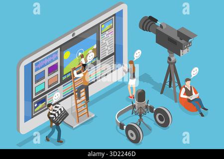 Isometrische flache 3D-Illustration von Software für Videobearbeitung, Montage von Filmaufnahmen Stockfoto