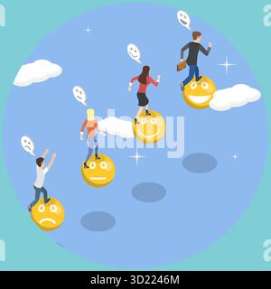 Isometrische 3D-Illustration emotionaler Intelligenz, Wohlbefinden der Mitarbeiter und Glück Stockfoto