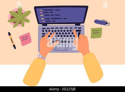 Das Programmiergerät erstellt Computerprogramm auf der Draufsicht des Laptops. Hände, die auf der Computertastatur tippen. Büroarbeitsplatz. Schreibtisch für Geschäftsleute. Softwareprogrammierung Stock Vektor