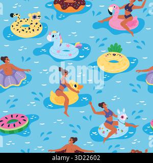 Männer und Frauen entspannen sich am Meer. Nahtloses Muster am Swimmingpool. Menschen, die auf aufblasbaren Ringen schweben. Flamingo und Ente aufgebläht. Strandparty Spaß. Schwimmen Stock Vektor