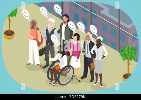 3D Isometrische flache Illustration verschiedener Kollegen, freudige Mitarbeiter, die zusammenarbeiten Stockfoto