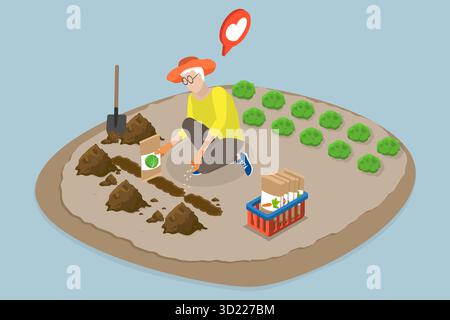 Isometrische flache 3D-Illustration von Senior Hobby, Old Lady pflanzt Blumensamen im Boden für Garten im Hinterhof Stockfoto