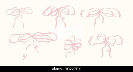 Wunderbares Set aus Band und Schleife im Retro-Kritzelstil mit rosafarbenen und roten Akzenten. Niedliche Vintage-Vektor-Kollektion perfekt für Einladungen Stock Vektor