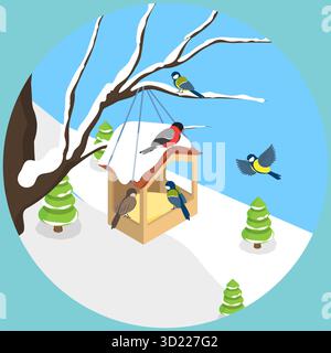 Isometrische flache 3D-Illustration der Winterlandschaft, Fütterung von Vögeln am Feeder Stockfoto