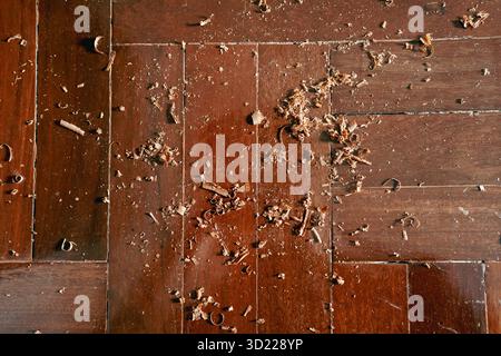 Holzparkett mit Sägemehl Stockfoto