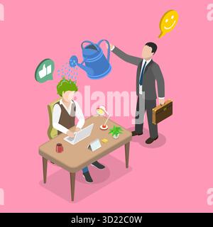 Isometrische 3D-Illustration von Mentoring, Leistung und Motivation von Mitarbeitern Stockfoto