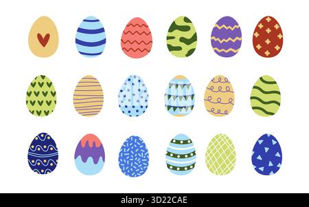 Ostereier-Symbol-Set. Happy Easter Deko-Ikone. Ostereier Kollektion mit Frühlingssymbolen. Stock Vektor