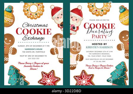 Lebkuchenrahmen Weihnachten Cookie Austausch und Dekoration Party Einladungskarten Vorlagen Stock Vektor