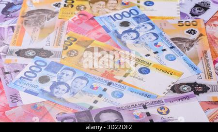 Philippinisches Geld, Peso, Papierscheine, Bargeld. Philippinisches Geld für Geschäfte Stockfoto