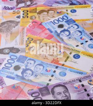 Philippinisches Geld, Peso, Papierscheine, Bargeld. Philippinisches Geld für Geschäfte Stockfoto