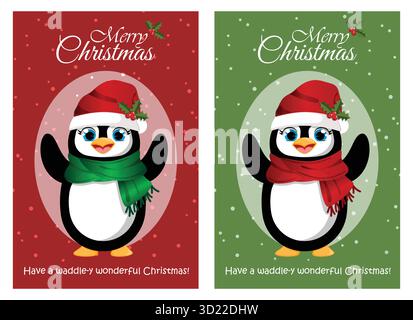 Niedlicher Pinguin mit Weihnachtsmütze und Schal Wishing you a Merry Christmas – Kindergrüßkarten-Design mit lustigem Zitat Stock Vektor