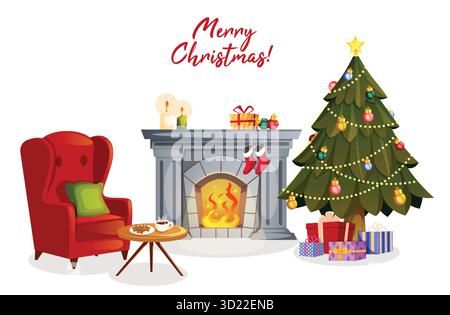 Kamin mit Weihnachtsbaum, Geschenke, rotem Sessel, heißem Kakao und Cookies auf dem Tisch - isolierte Feiertagsgrüße Illustration Stock Vektor