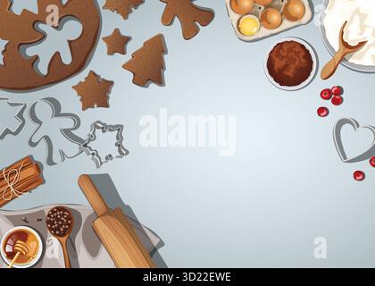 Lebkuchenteig mit Backzutaten und Werkzeugen Hintergrund mit Kopierbereich - Weihnachtsfeiertage Zubereitung von Keksen flache Lay Stock Vektor