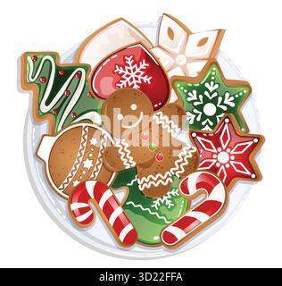 Lebkuchenkekse Teller, Draufsicht. Lebkuchenmann, Kugel, Weihnachtsbaum, Fäustlinge, Kadettenstöcke, Herz- und sternförmige Kekse. Urlaub Bietet Abwechslung Stock Vektor