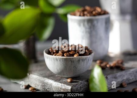 Eine Handvoll gerösteter Kaffeebohnen in Minsk auf grauem Hintergrund. Stockfoto