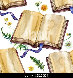 Nahtloses Aquarellmuster mit Vintage-Büchern, Wildblumen, Löwenzahn und Farnblättern, botanischem Walddesign, handgemalter wiederkehrender Hintergrund Stockfoto