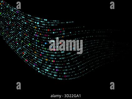 Bunte leuchtende Punkte, die ein dynamisches Wellenmuster auf schwarzem Hintergrund bilden. Abstrakter digitaler Vektor-Fluss Stock Vektor
