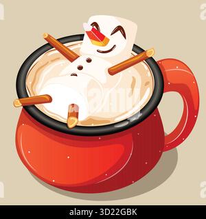 Heiße Schokolade in roter Tasse mit Marshmallow Snowman, der sich auf der Oberseite entspannt. Niedliche Gemütliche Weihnachtszeichnung Stock Vektor