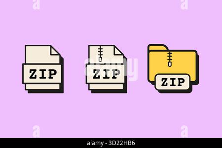 Satz von ZIP-Datei- und Ordnersymbolen im Retro-Stil komprimierter Dokument- und Archivformate mit Zipper-Symbolen und ZIP-Etiketten. Abgewickelter Vektor Stock Vektor