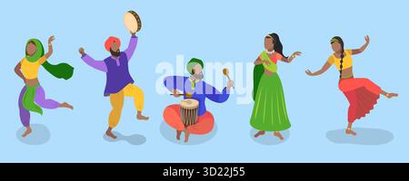 Isometrisches 3D-Set mit Kultur, Kunst und Musik Indiens, Sammlung indischer Straßenkünstler, die die lebendige Kultur und das Talent zeigen Stockfoto