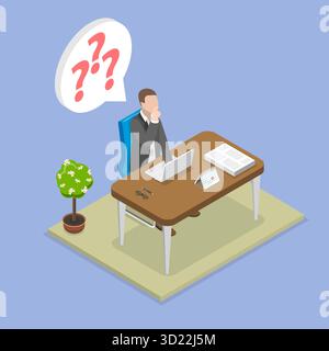 Isometrische flache 3D-Illustration zur Suche nach einer Problemlösung, Geschäftsmann mit Fragezeichen Stockfoto