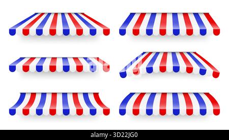 Sonnenschirm anzeigen. Realistisch gestreifte Café-Markise. Marktzelt im Freien. Dachdach in französischen Flaggenfarben. Sommerladen. Vektorabbildung. Stock Vektor
