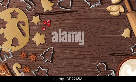 Plätzchenteig mit Cutters, Rollpin, Wintergewürze und Mehl auf rustikaler hölzerner Oberfläche mit Kopierraum - festlicher Feiertagsbacken Hintergrund Stock Vektor