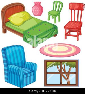 Bunte Schlafzimmermöbel Set mit Bett, Stühlen, Sessel, Teppich, Fenster, und dekorative Vase Stock Vektor