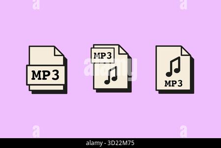 Satz von MP3-Dateisymbolen im Retro-Computerstil mit nostalgischen Elementen und einfachem Layout. Vektorabbildung abgewickelt isoliert auf Stock Vektor