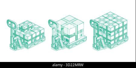 Isometrischer Palettenhubwagen mit gestapelten Kisten auf Paletten. Lagerlogistik, Frachtzustellung und Lagerkonzept. Vektorabbildung. Stock Vektor