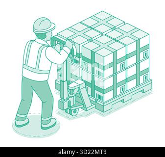 Isometrischer Umrissarbeiter, der gestapelte Kisten auf einem Hubwagen bewegt. Logistik-, Lager- und Frachttransportkonzept. Vektorabbildung. Stock Vektor