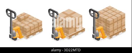 Gelber Niederhubwagen mit gestapelten Kartonkisten auf Holzpaletten. Lagerlogistik und Frachttransportkonzept. Isometrische Vektorillustratio Stock Vektor
