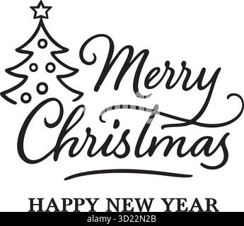 Frohe Weihnachten und Happy New Year Handbeschriftung mit Outline Tree Black Vector Stock Vektor