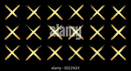 Goldene Grunge-Kreuze, Pinselstriche, Linien, Tintenflecken, handgezeichnete Kritzelformen. Handgemachte, skizzenhafte Markierungen, Acrylflecken, Holzkohlestreifen. Farbe Stock Vektor
