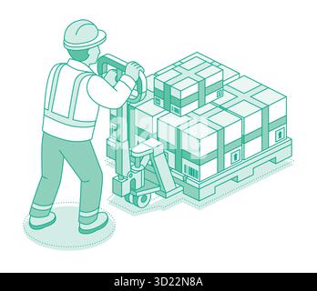 Isometrischer Umrissarbeiter, der gestapelte Kisten auf einem Hubwagen bewegt. Logistik-, Lager- und Frachttransportkonzept. Vektorabbildung. Stock Vektor