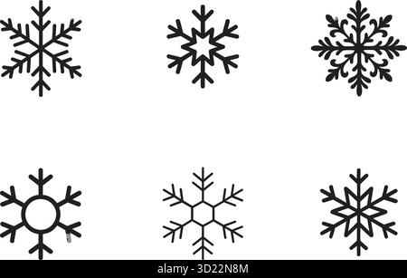 Set aus sechs verschiedenen geometrischen Schneeflocken-Symbolen Black Outline Vector Collection Stock Vektor