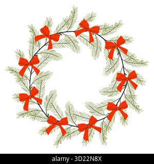Ein wunderschöner Kranz aus immergrünen Zweigen mit leuchtend roten Bögen. Dieses dekorative Stück ist ideal, um den Urlaubsgeist in Privathaushalten und zu verstärken Stock Vektor