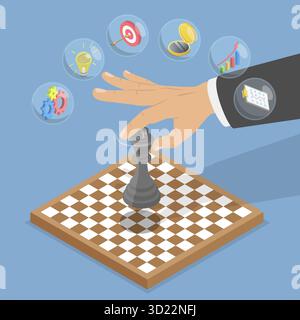 3D-Isometrische flache Darstellung von Planung und Strategie, Geschäftserfolg, Marketinganalyse Stockfoto