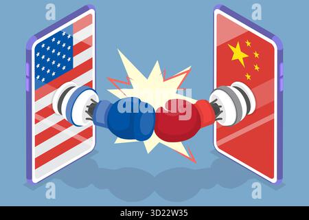 Isometrische flache 3D-Illustration des Technologiekriegs zwischen den USA und China , Global Chip Shortage Srisis Stockfoto