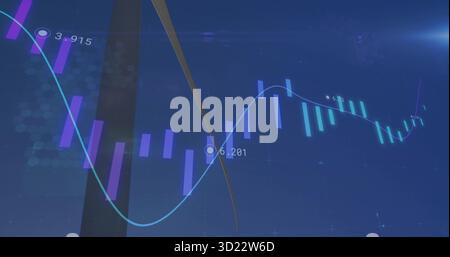 Anzeigen von Finanzdaten, die auf dem Dashboard schwankend sind, mit türkisfarbener Linie, Datenbeschriftungen und goldenem Bogen. Datenvisualisierung, Analyse, modernes Design, Technologie Stockfoto