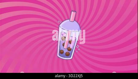 Schwimmende Bubble-Teetasse mit kuppelförmigem Strohdeckel mit Perlen und Blasen vor rosafarbenem Hintergrund Stockfoto