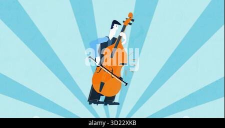 Musiker in Weste, die orangen Kontrabass in gestreiftem Hintergrund mit Schleife spielt Stockfoto