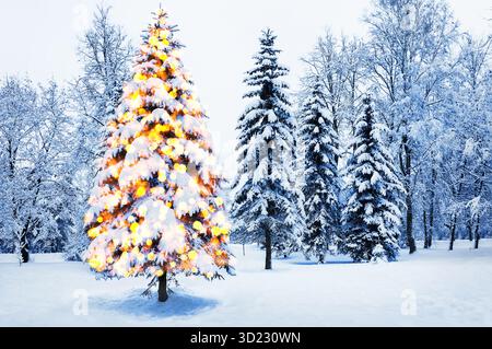Winterlandschaft mit Weihnachtstanne und Bokeh-Girlande-Licht. Weihnachten Winter Hintergrund mit Girlanden Lichtern. Weihnachtsfeiertage festlicher Background Stockfoto