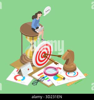 3D-Isometrische flache Darstellung von „Planen zum Erreichen von Zielen“ und „Geschäftsstrategie“ Stockfoto