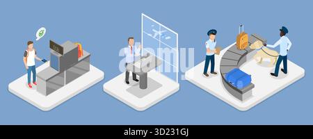 Isometrische flache 3D-Illustration der Flughafensicherheit, Sicherheitsprüfung Stockfoto