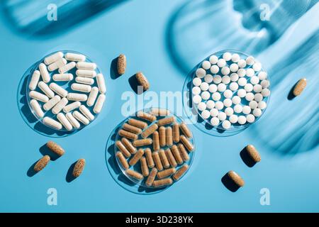 Verschiedene Vitamine, Tabletten und Nahrungsergänzungsmittel auf blauem Hintergrund. Medizin Stockfoto