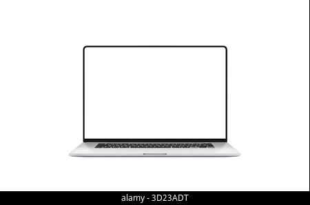 Offenes Notebook mit leerem weißen Bildschirm auf minimalistischer Oberfläche, perfekt für Geschäftspräsentationen, Webdesign, digitales Marketing oder Markendarstellung Stockfoto